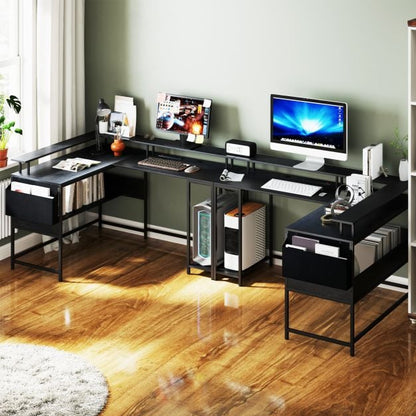 L-Shaped Gaming Desk with LED Lights and Power Outlets-Black