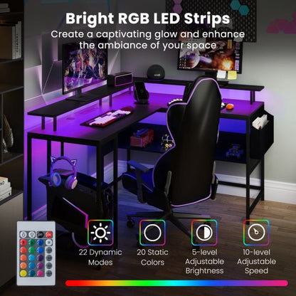 L-Shaped Gaming Desk with LED Lights and Power Outlets-Black