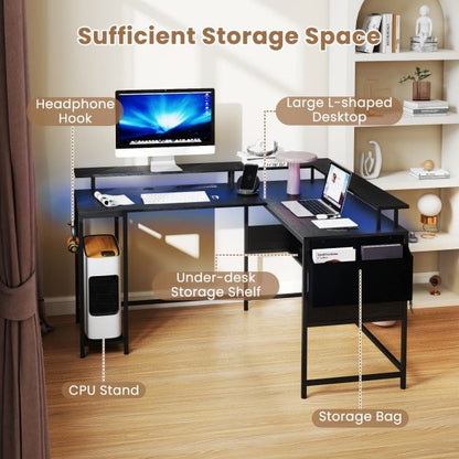 L-Shaped Gaming Desk with LED Lights and Power Outlets-Black