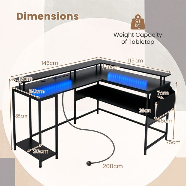 L-Shaped Gaming Desk with LED Lights and Power Outlets-Black