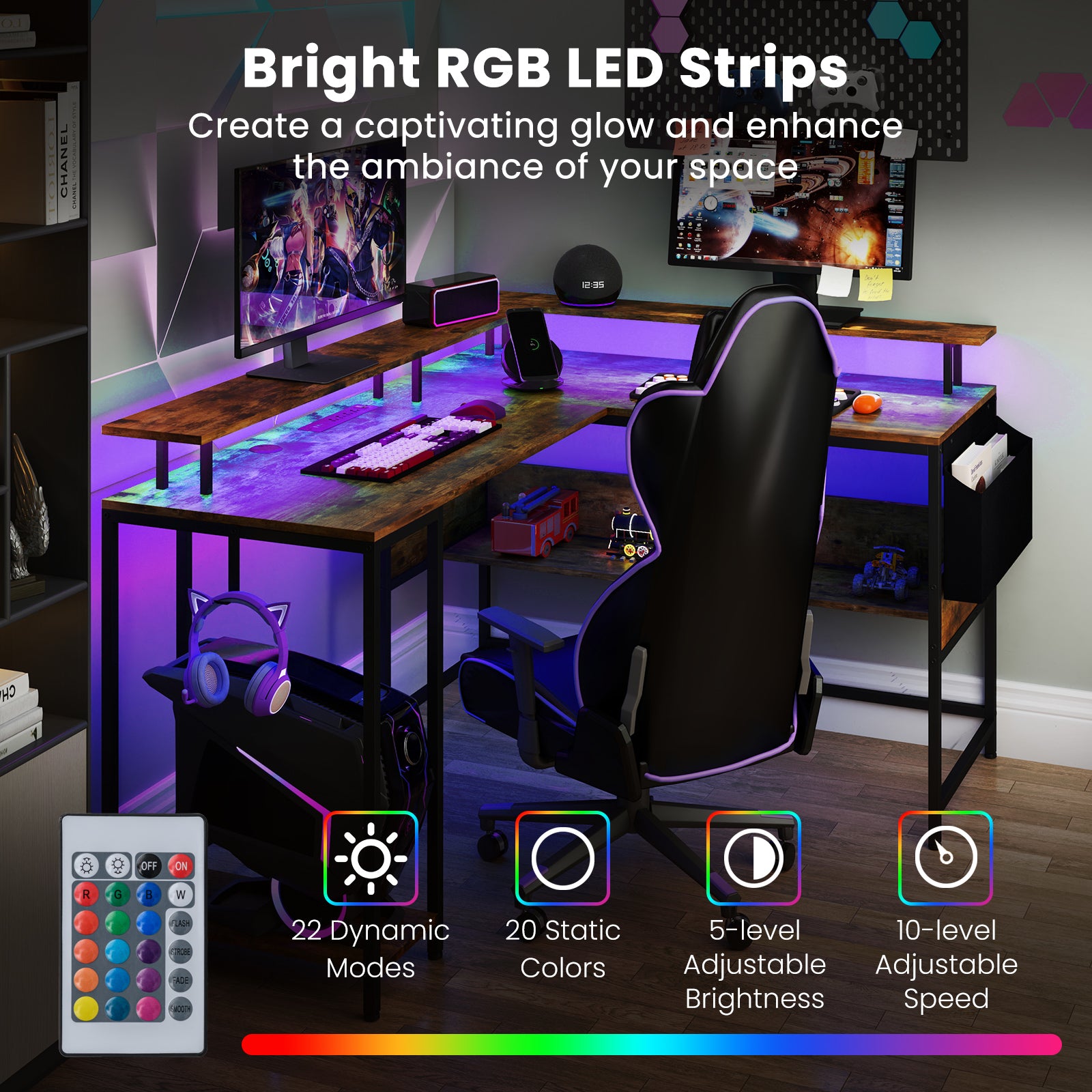 L-Shaped Gaming Desk with LED Lights and Power Outlets-Rustic Brown