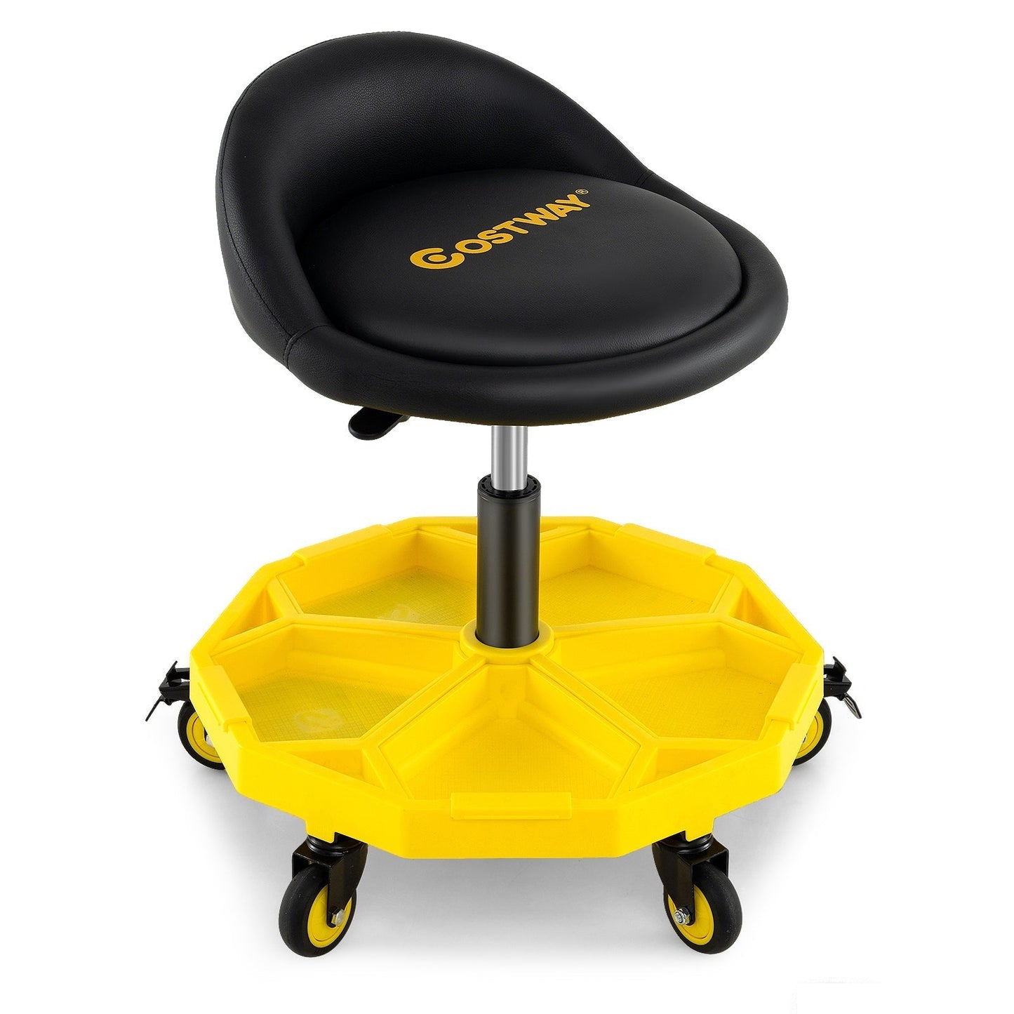 54-67 CM Height Adjustable Rolling Garage Stool with Tool Tray Storage-Yellow