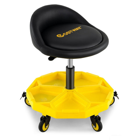 54-67 CM Height Adjustable Rolling Garage Stool with Tool Tray Storage-Yellow