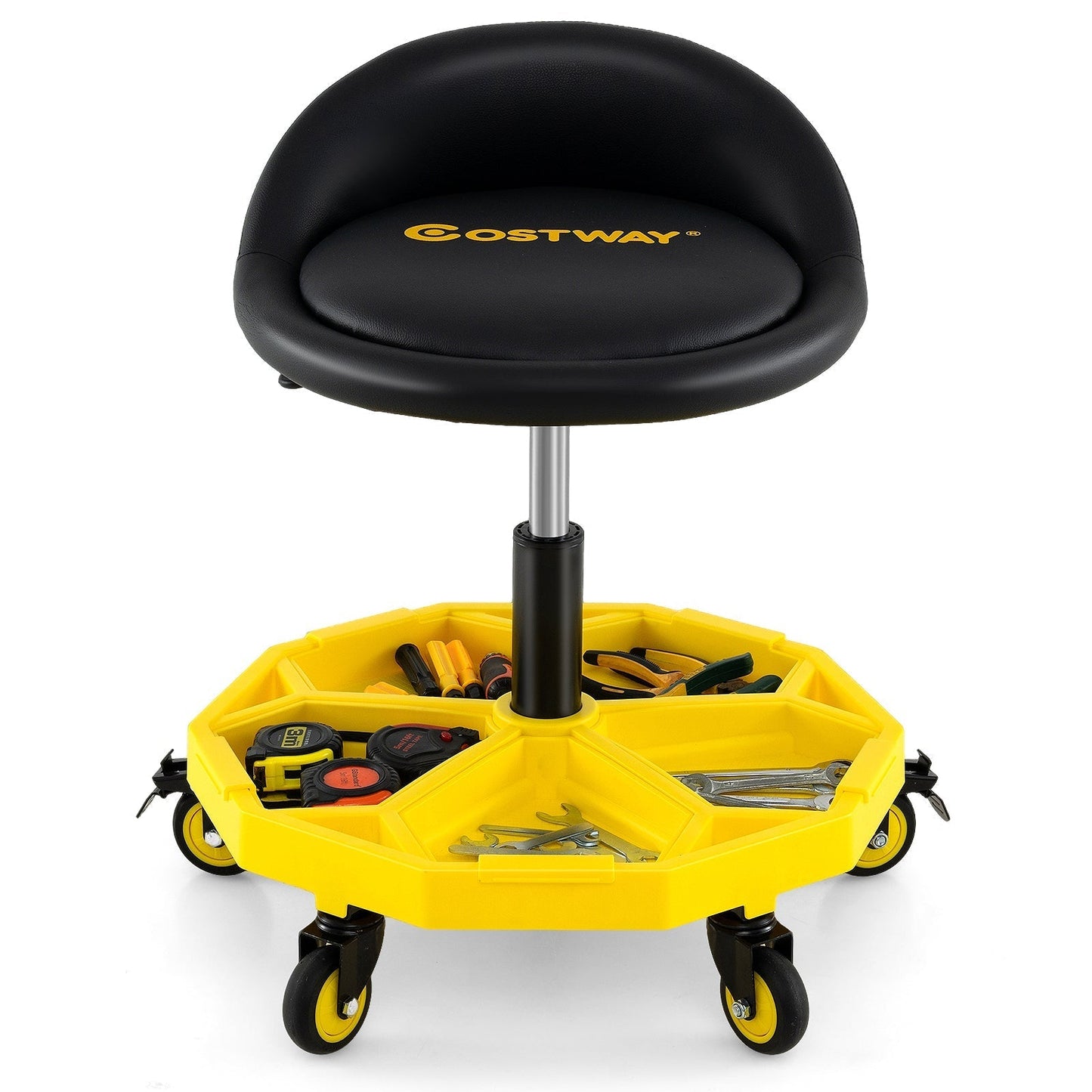 54-67 CM Height Adjustable Rolling Garage Stool with Tool Tray Storage-Yellow