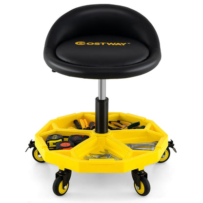 54-67 CM Height Adjustable Rolling Garage Stool with Tool Tray Storage-Yellow