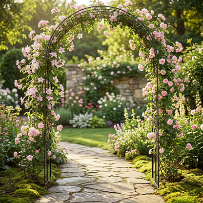 Garden Arbor with Ground Stakes amd Outdoor Metal Arch Archway for Wedding Party Ceremony Decorations-Black