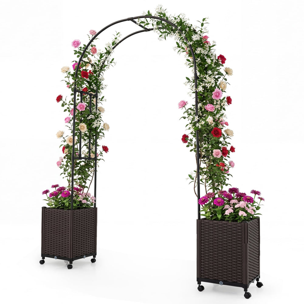 Garden Arch Trellis with 2 Self-watering Planter Boxes PE-coated Metal Arbor-Black