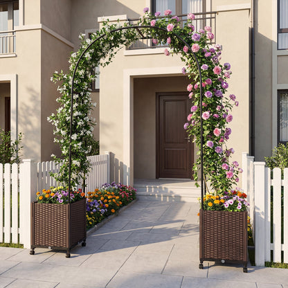 Garden Arch Trellis with 2 Self-watering Planter Boxes PE-coated Metal Arbor-Black