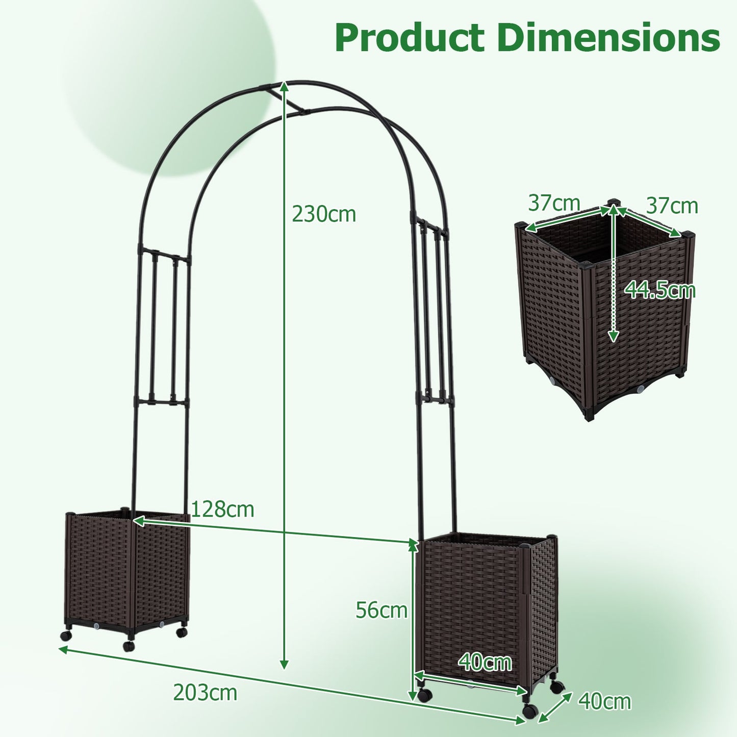 Garden Arch Trellis with 2 Self-watering Planter Boxes PE-coated Metal Arbor-Black