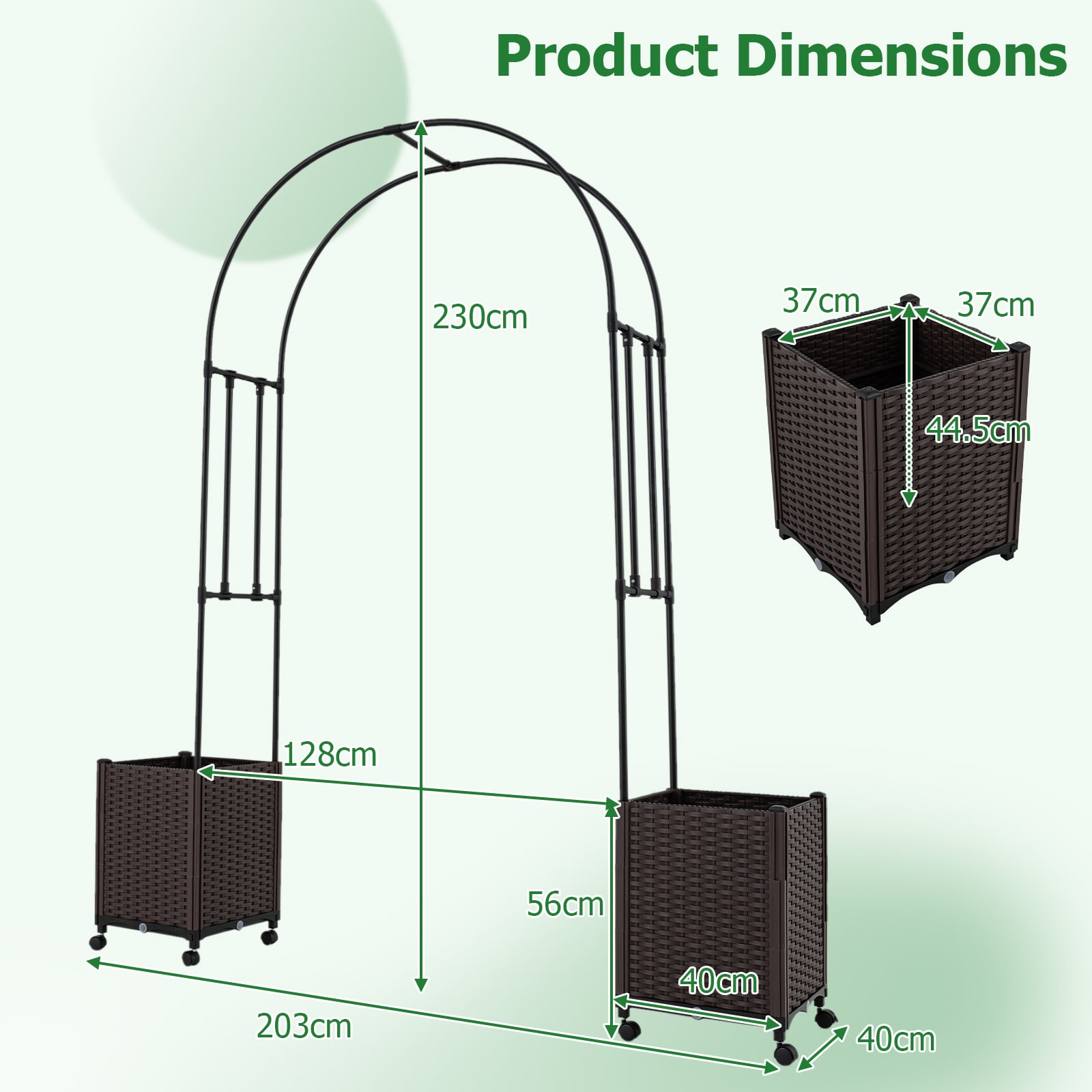 Garden Arch Trellis with 2 Self-watering Planter Boxes PE-coated Metal Arbor-Black