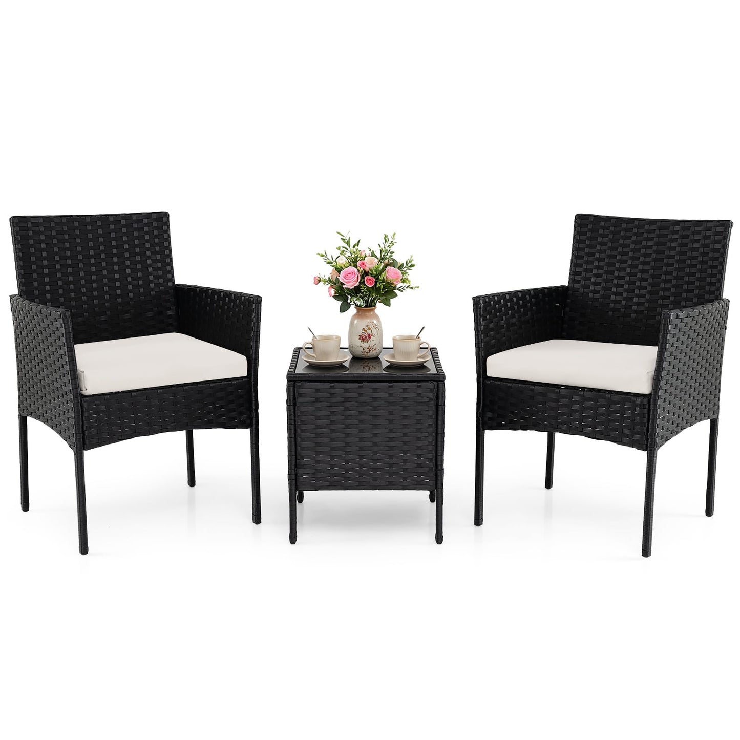 Garden Furniture Set 3-piece Rattan Balcony Furniture Set with 2 Cushioned Chairs-Beige