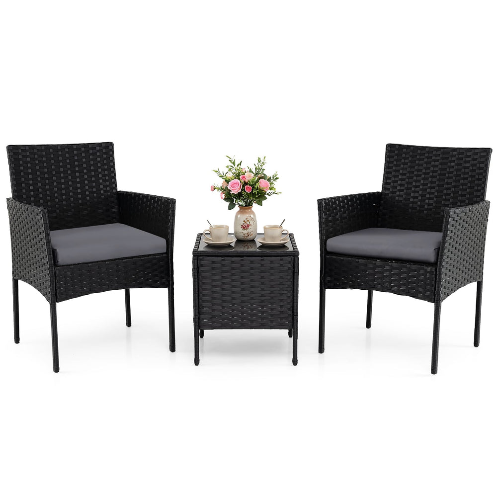 Garden Furniture Set 3-piece Rattan Balcony Furniture Set with 2 Cushioned Chairs-Grey