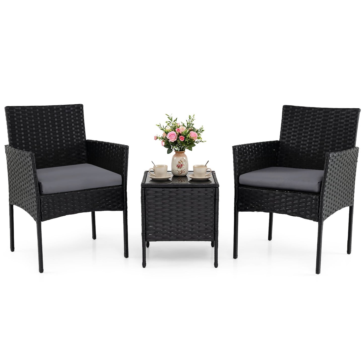 Garden Furniture Set 3-piece Rattan Balcony Furniture Set with 2 Cushioned Chairs-Grey