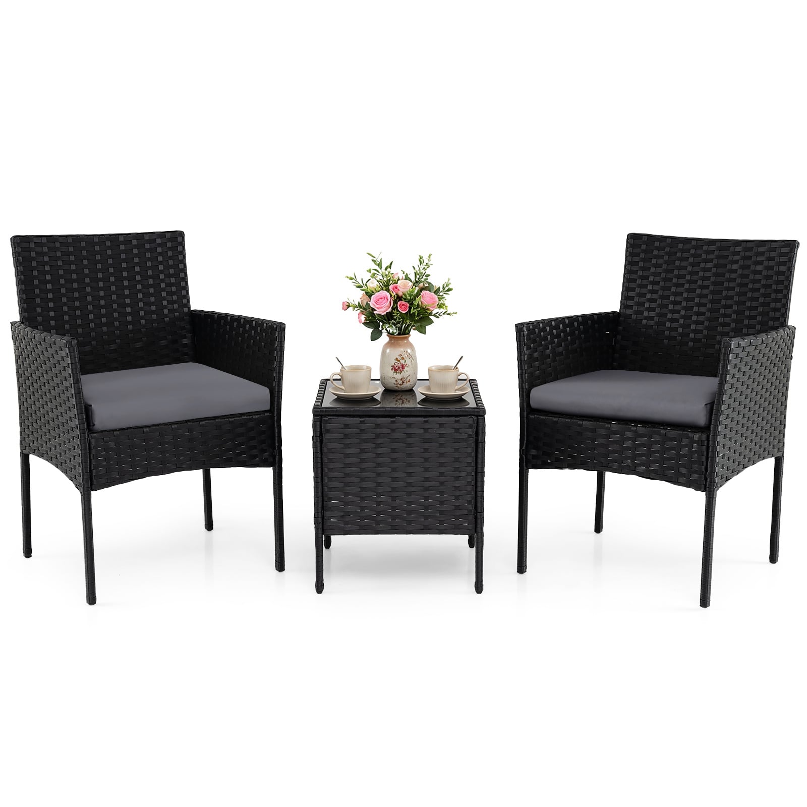 Garden Furniture Set 3-piece Rattan Balcony Furniture Set with 2 Cushioned Chairs-Grey