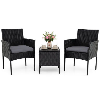 Garden Furniture Set 3-piece Rattan Balcony Furniture Set with 2 Cushioned Chairs-Grey
