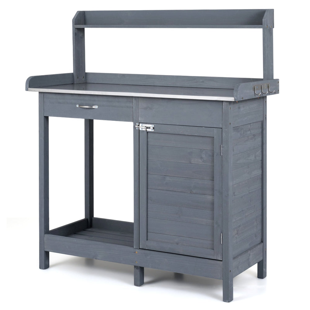 Garden Potting Bench with Stainless Steel Top and Lockable Cabinet for Yard-Grey