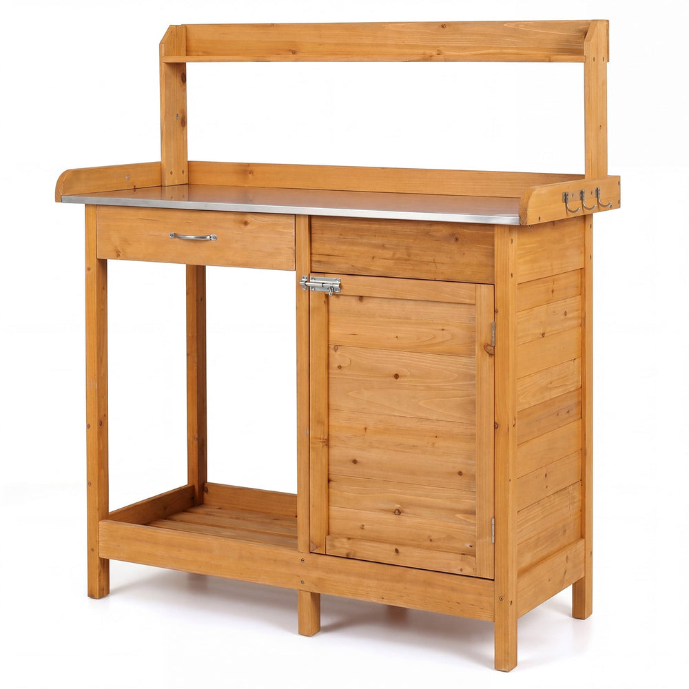 Garden Potting Bench with Stainless Steel Top and Lockable Cabinet for Yard-Yellow
