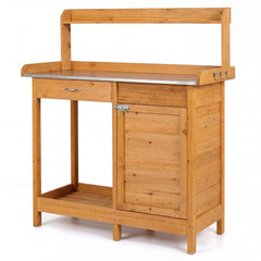 Garden Potting Bench with Stainless Steel Top and Lockable Cabinet for Yard-Yellow