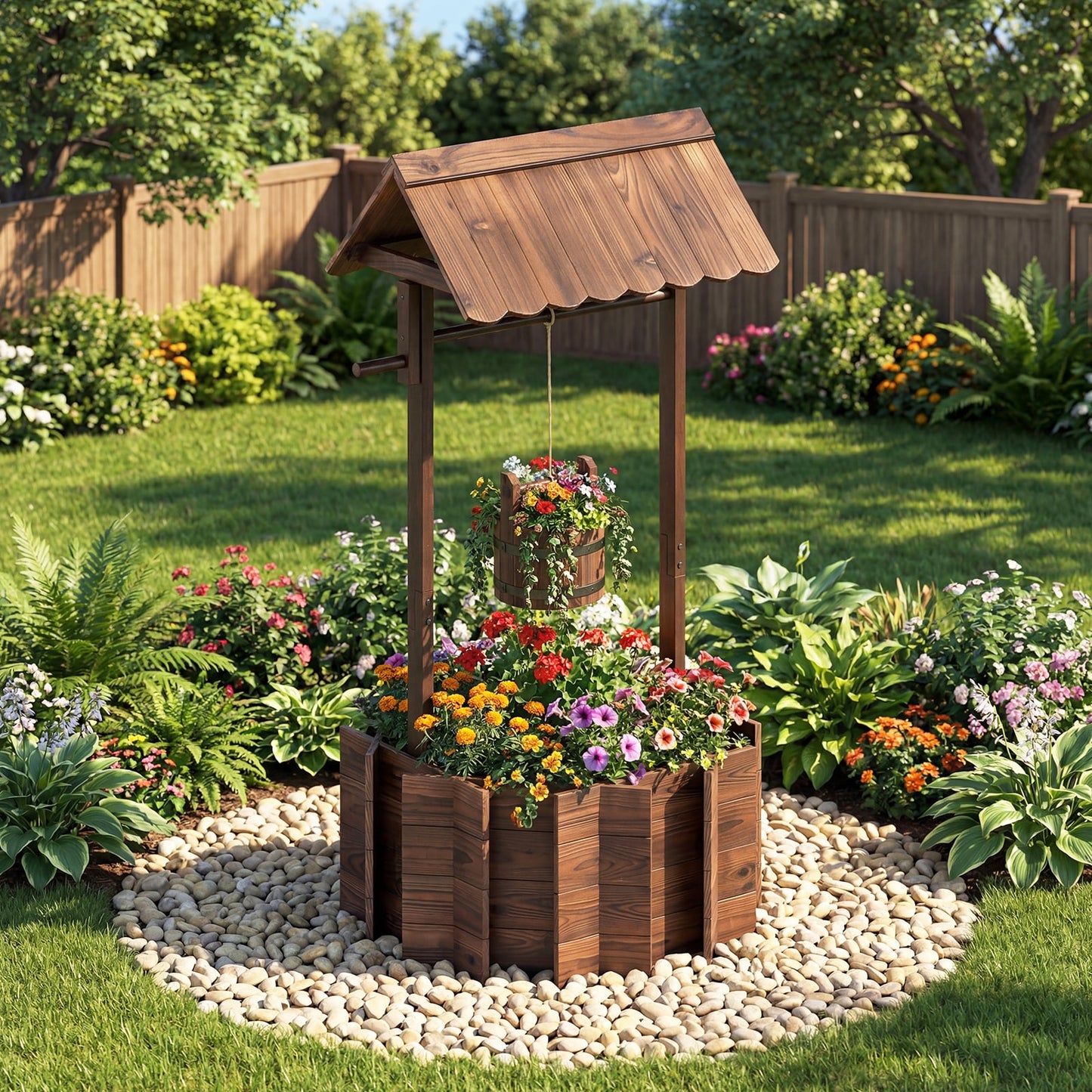 Garden Wooden Wishing Well Bucket with Hanging Bucket Planter-Brown
