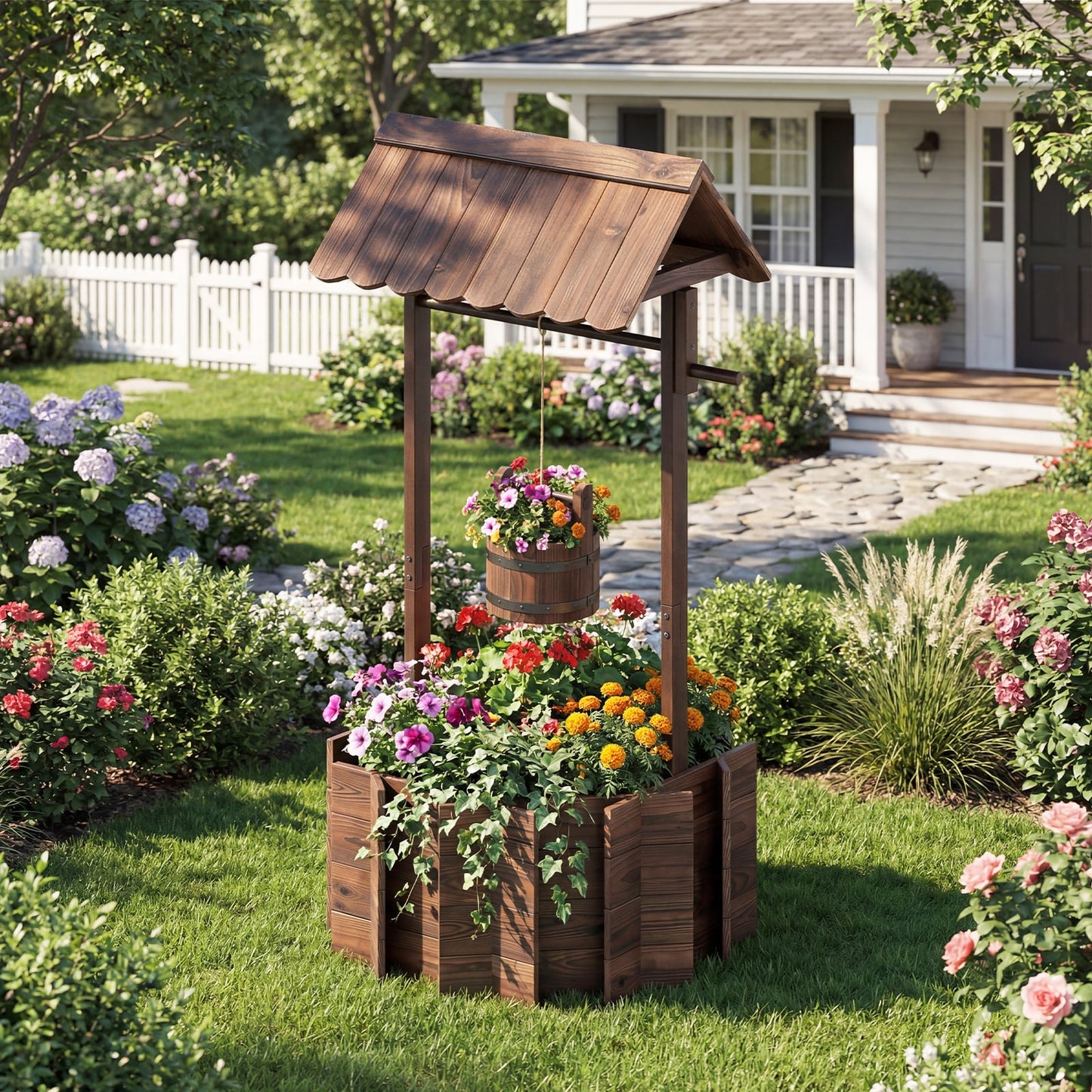 Garden Wooden Wishing Well Bucket with Hanging Bucket Planter-Brown