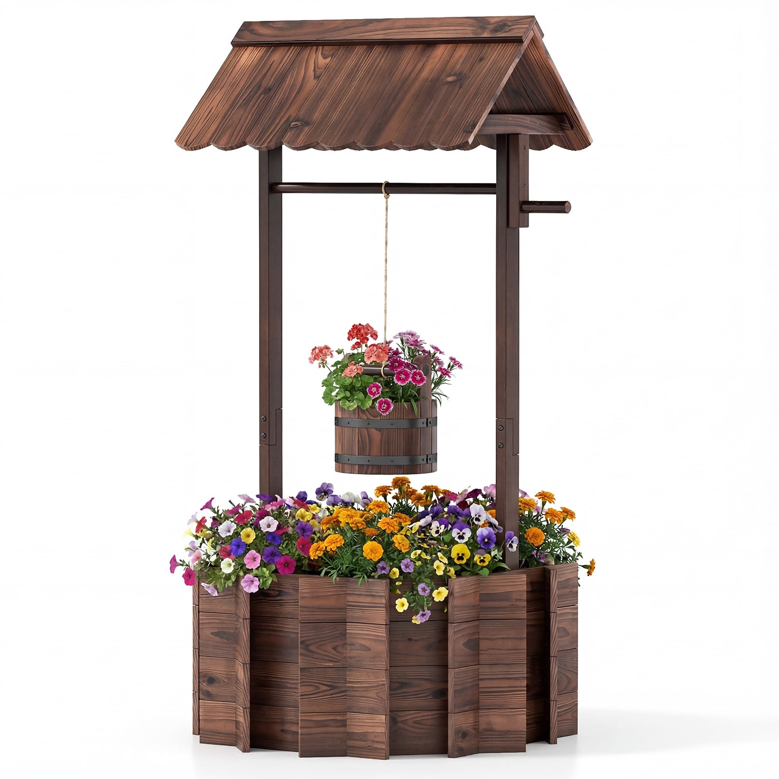 Garden Wooden Wishing Well Bucket with Hanging Bucket Planter-Brown