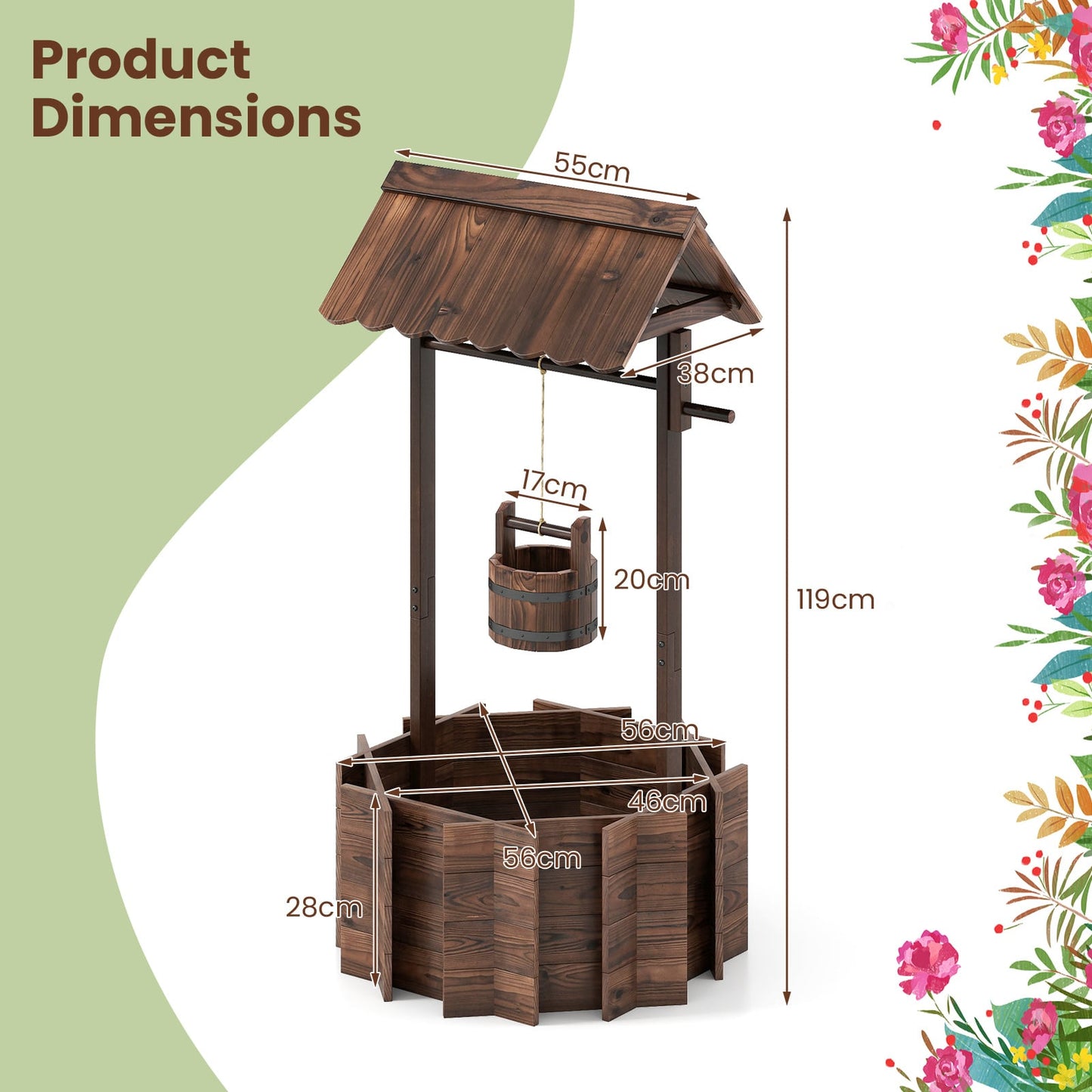Garden Wooden Wishing Well Bucket with Hanging Bucket Planter-Brown