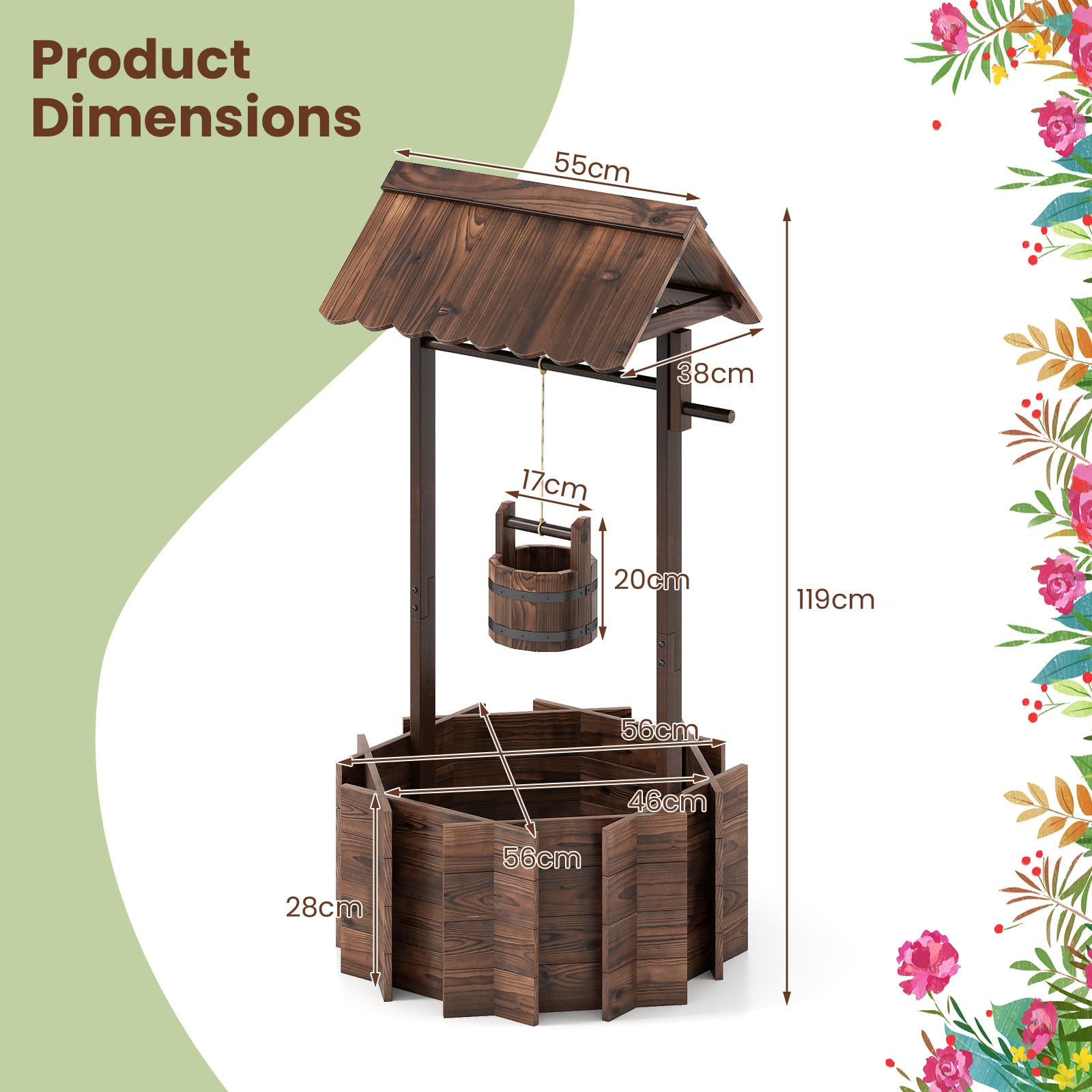 Garden Wooden Wishing Well Bucket with Hanging Bucket Planter-Brown