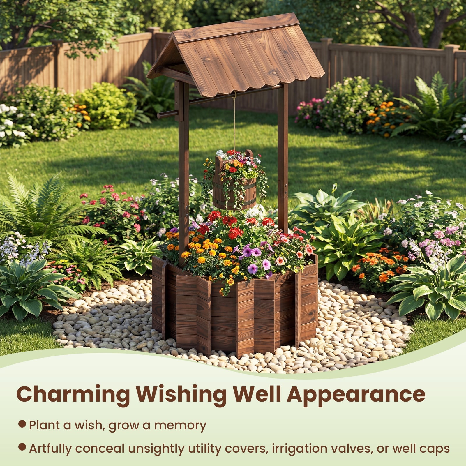 Garden Wooden Wishing Well Bucket with Hanging Bucket Planter-Brown