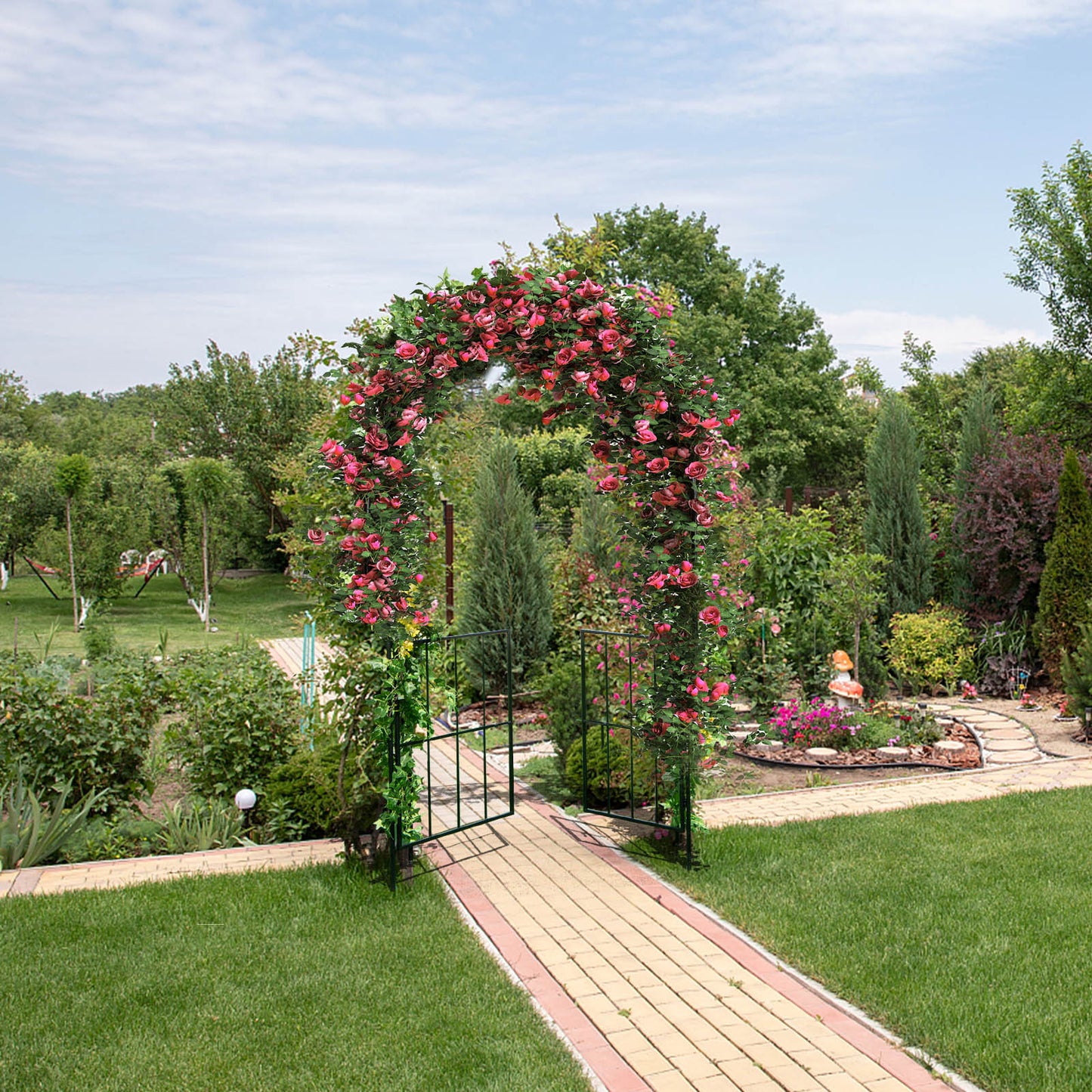 Garden Arch Arbor Trellis with Gate Tall Heavy-Duty Metal Arbour Archway-Black