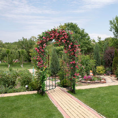 Garden Arch Arbor Trellis with Gate Tall Heavy-Duty Metal Arbour Archway-Black