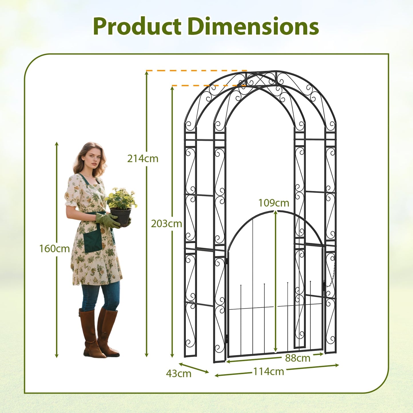 214 cm Tall Garden Arch with Gate and Climbing Trellises