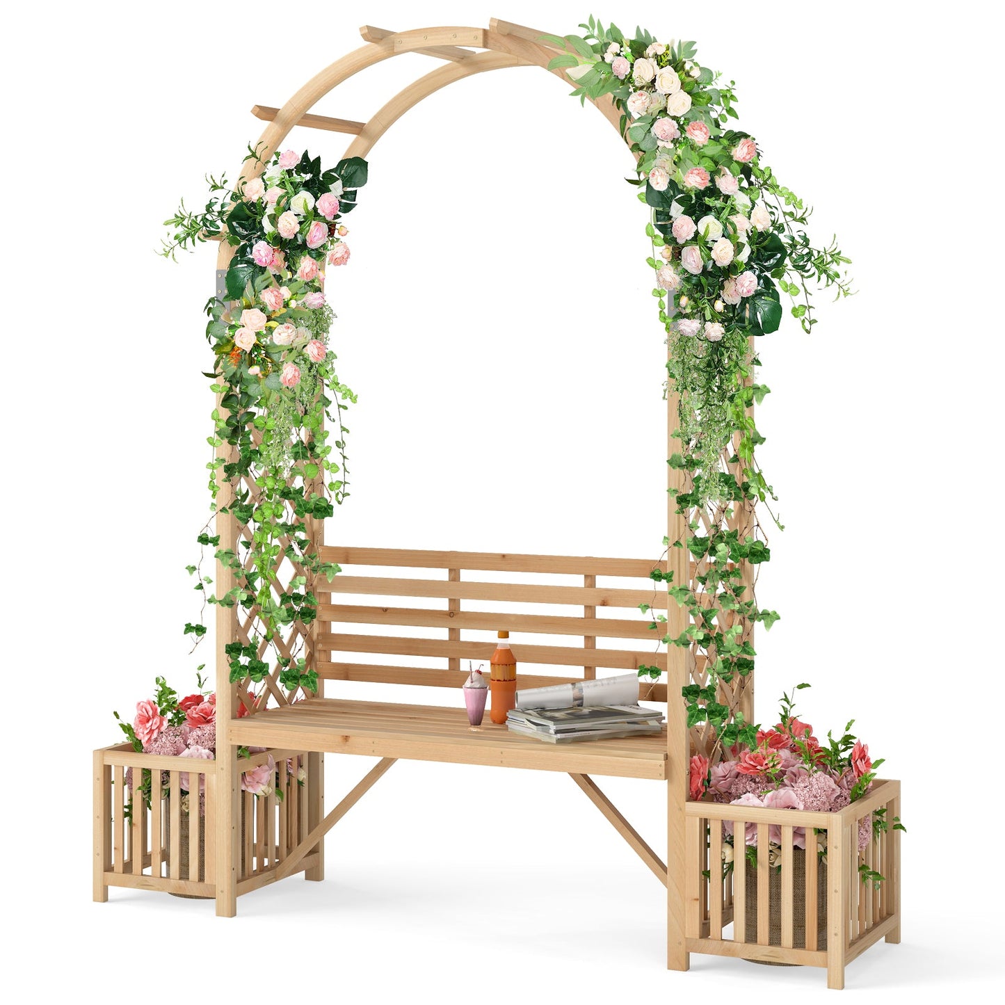 Garden Bench Arbor Arch for Climbing Plants with Love Seat-Natural