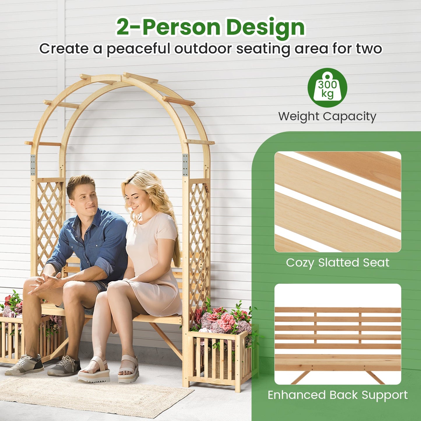 Garden Bench Arbor Arch for Climbing Plants with Love Seat-Natural