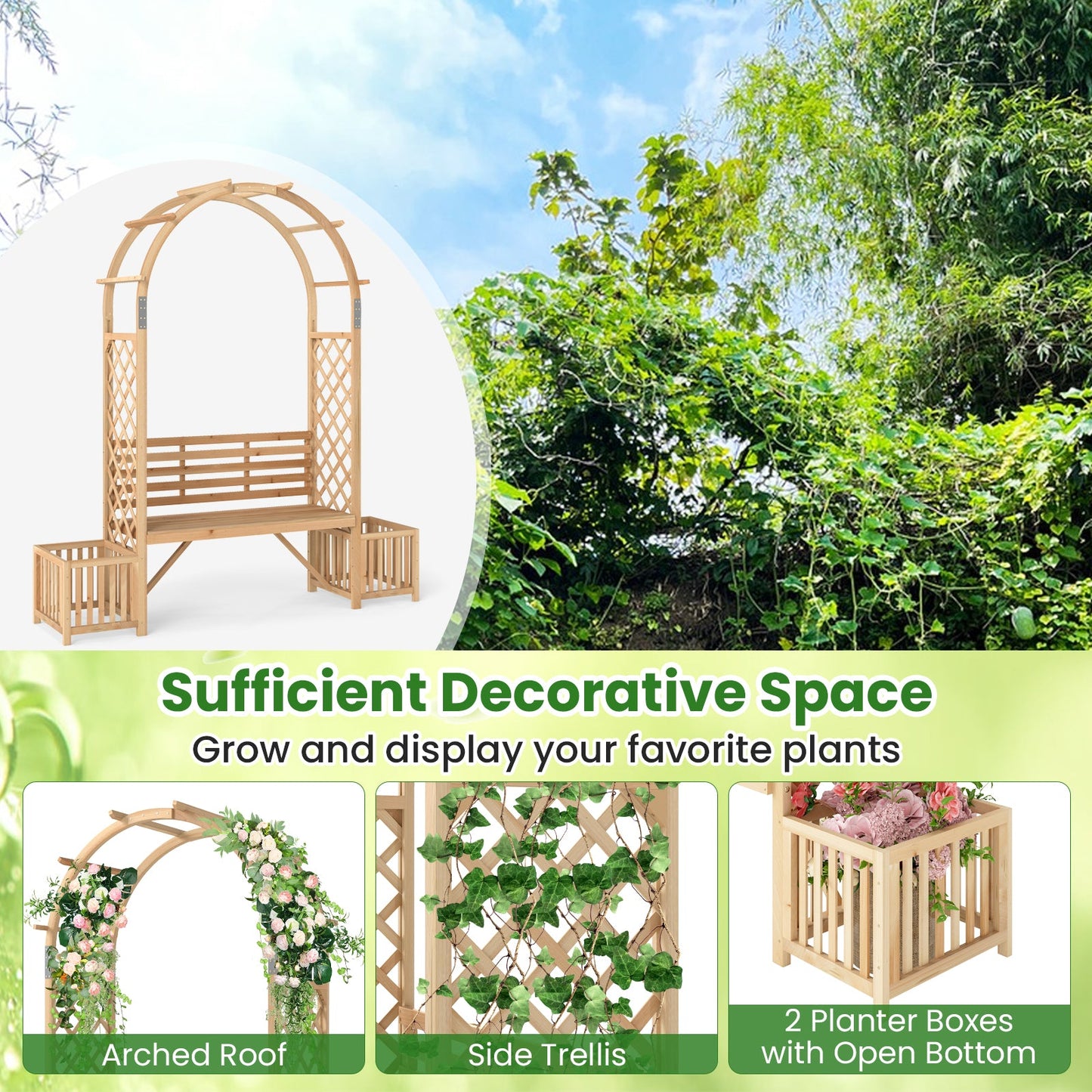 Garden Bench Arbor Arch for Climbing Plants with Love Seat-Natural