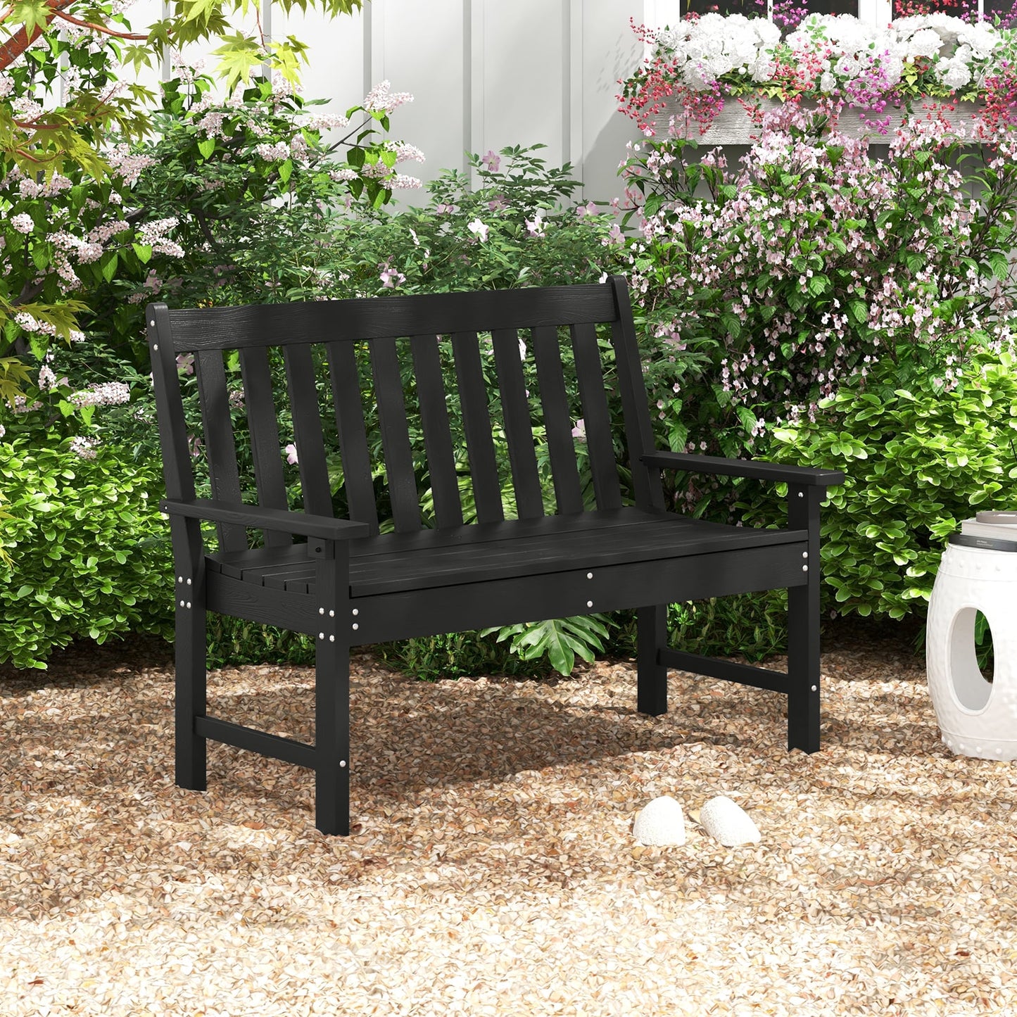 132 CM All-Weather HDPE Garden Bench with Backrest and Armrests-Black