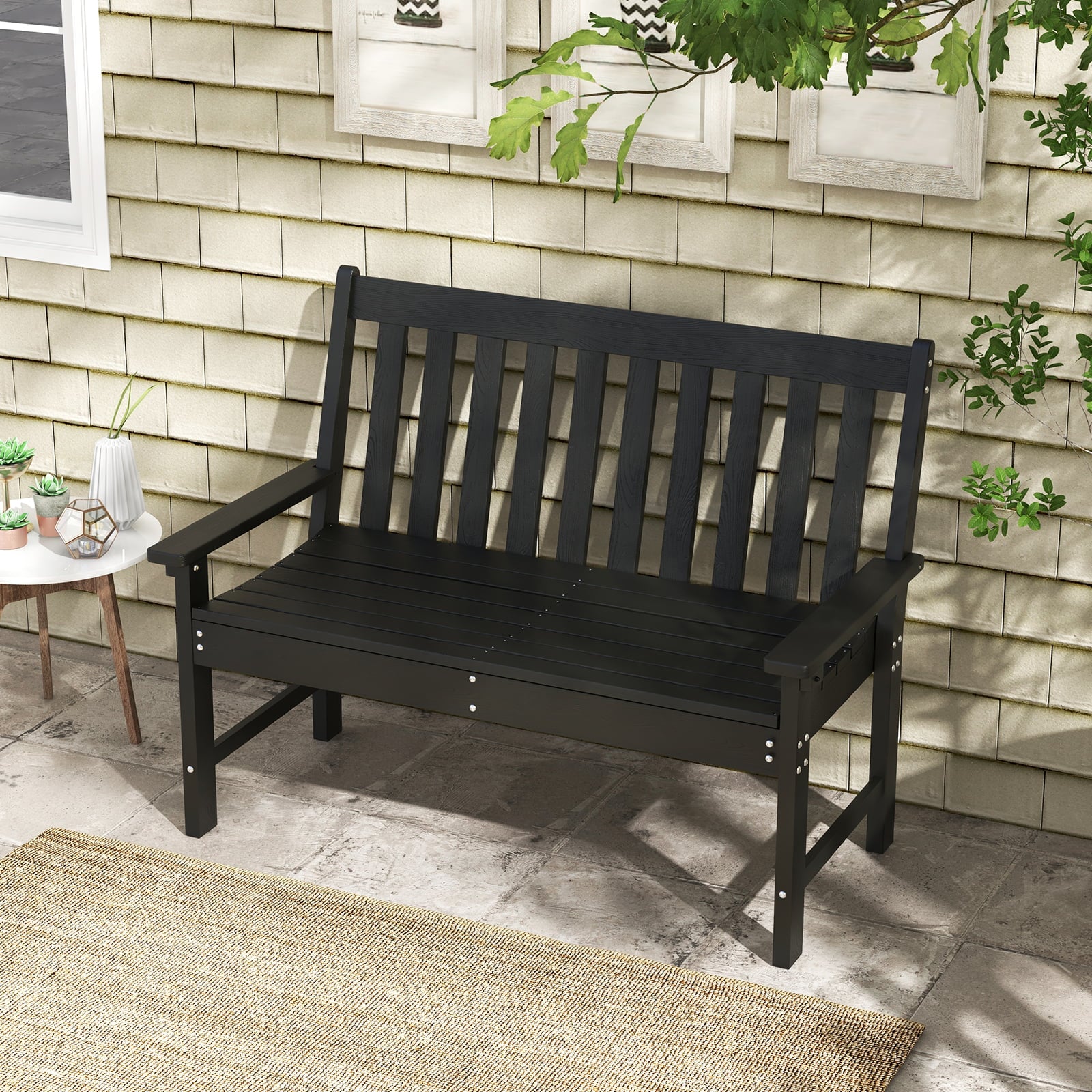 132 CM All-Weather HDPE Garden Bench with Backrest and Armrests-Black