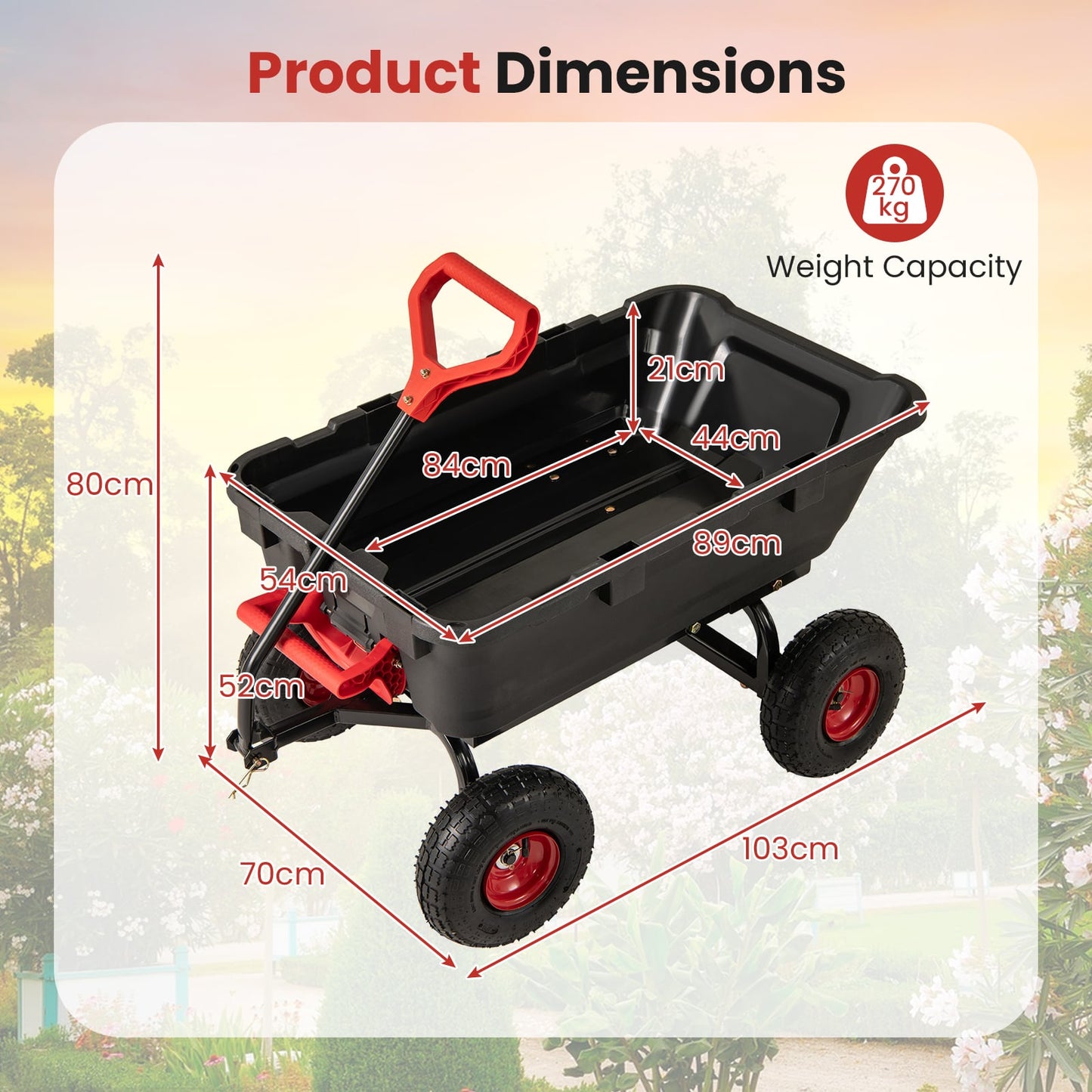 Garden Dump Cart with Adjustable Handle and Quick Dump Design-Red & Black