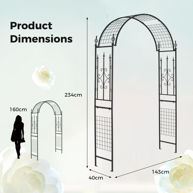 Garden Trellis Pergola Outdoor Metal Arbor with Classical Style Decorations-Black