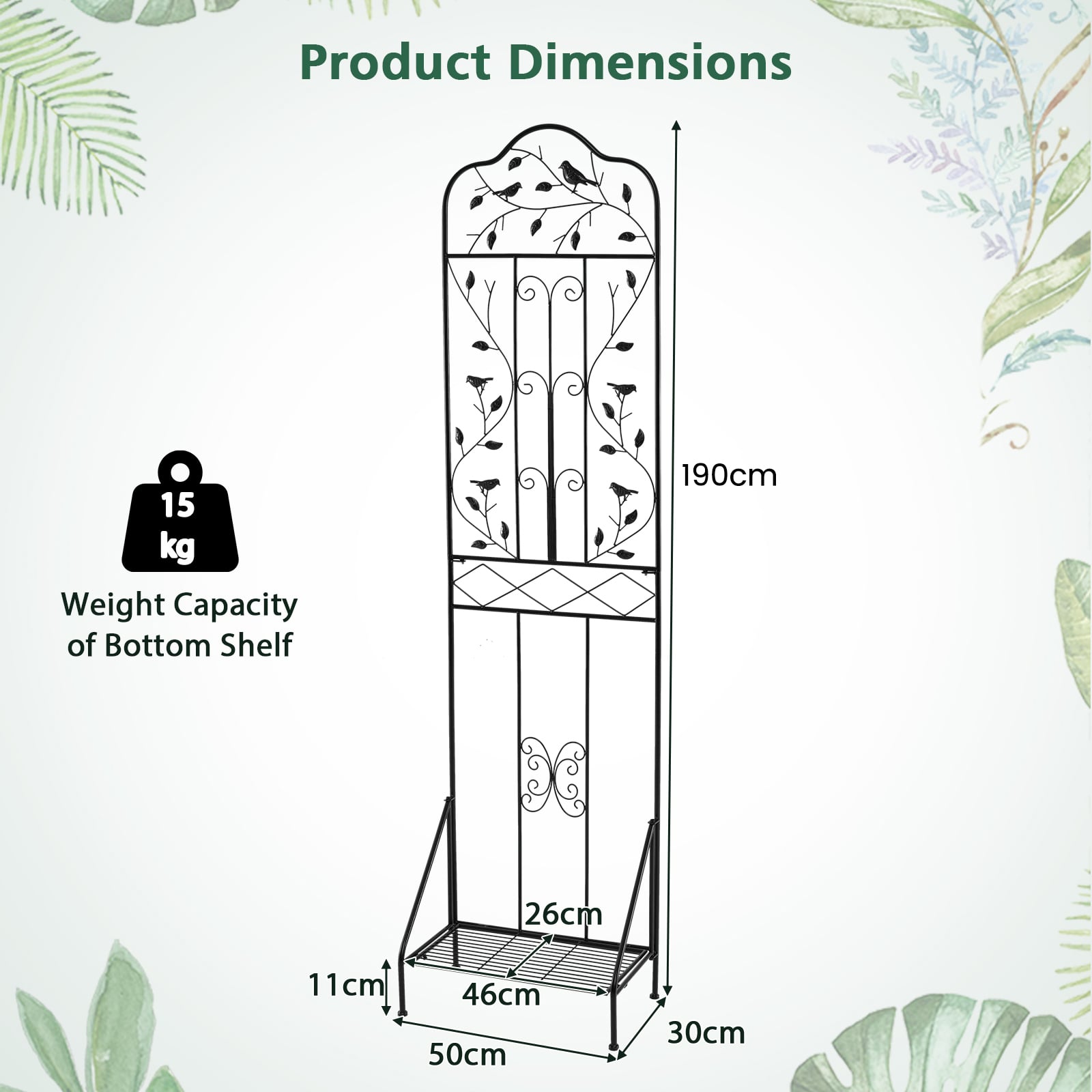 Garden Trellis with Foldable Shelf and Anti-Tipping Device-Black-1 Pack