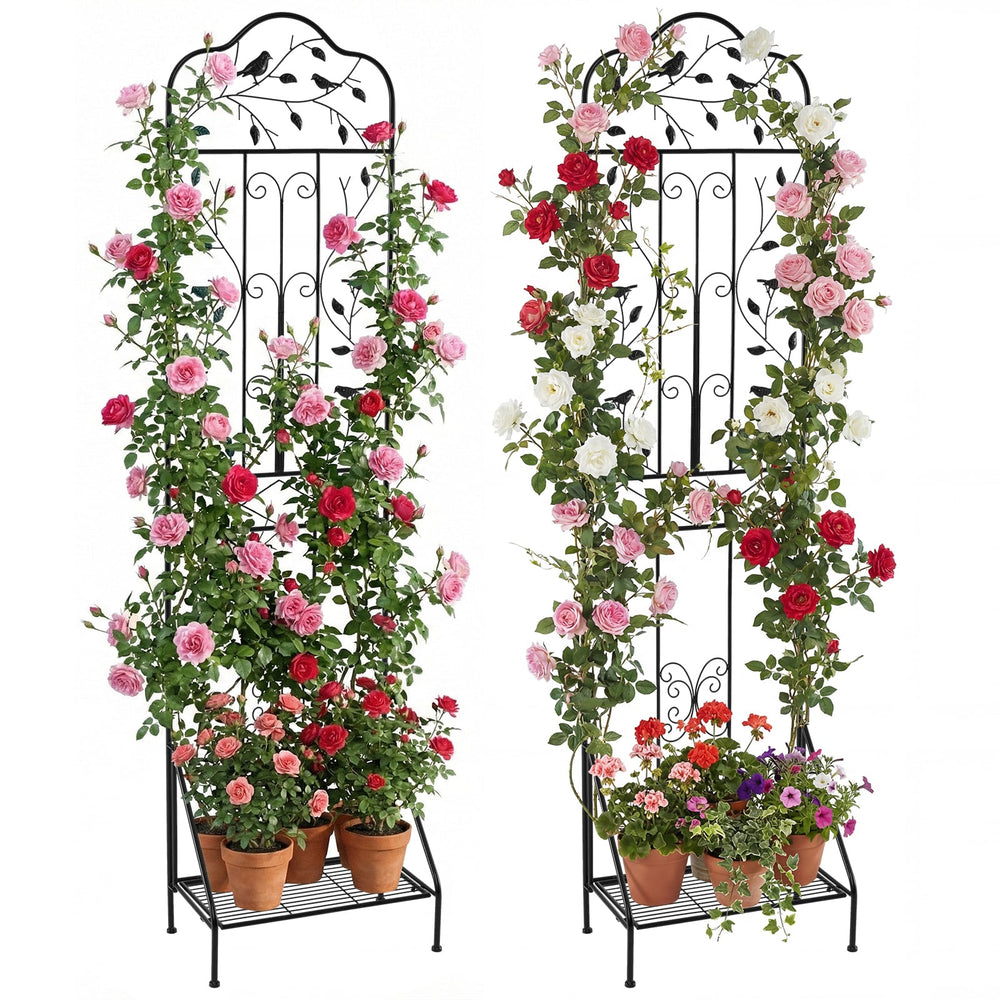 Garden Trellis with Foldable Shelf and Anti-Tipping Device-Black-2 Pack
