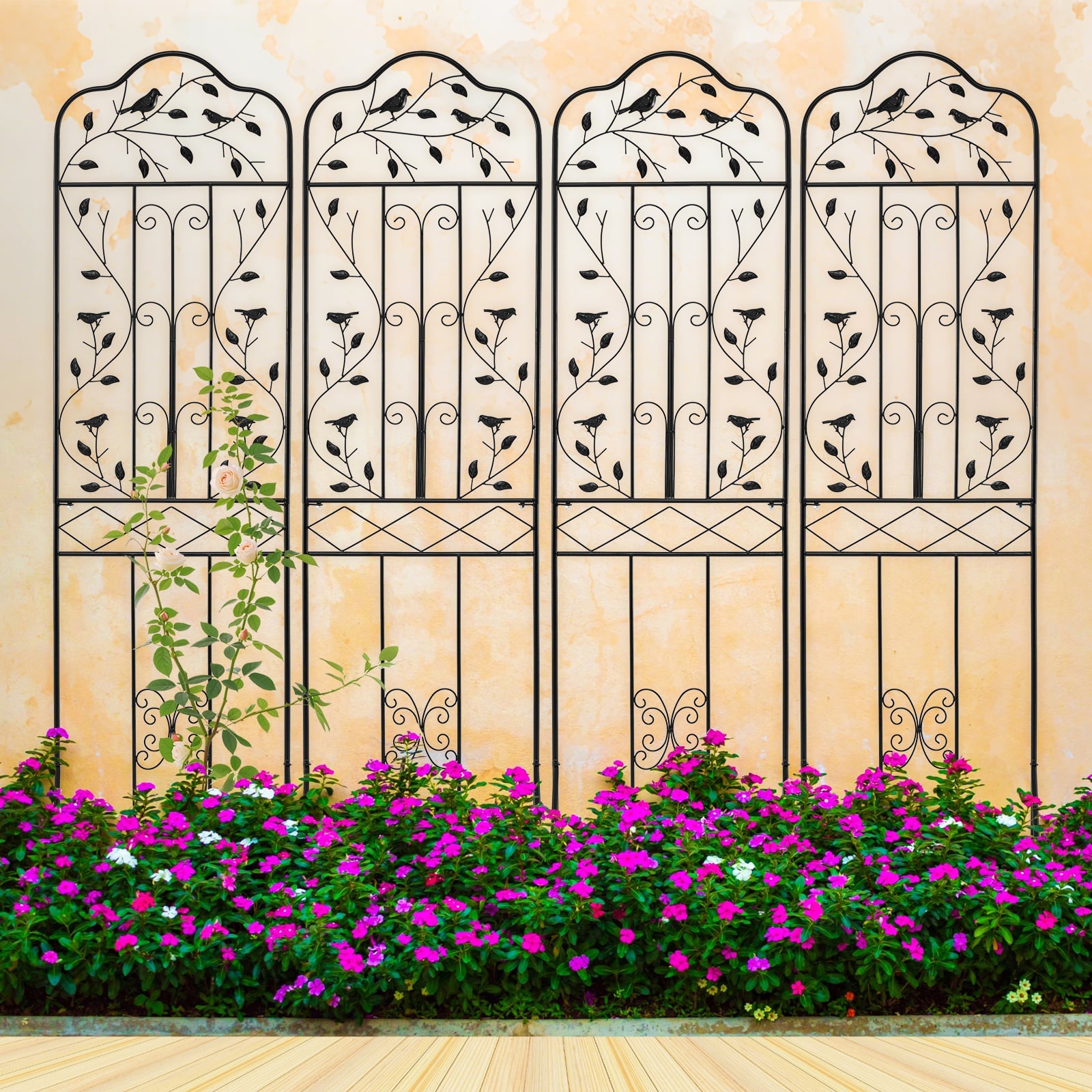 Garden Trellis with Foldable Shelf and Anti-Tipping Device-Black-2 Pack
