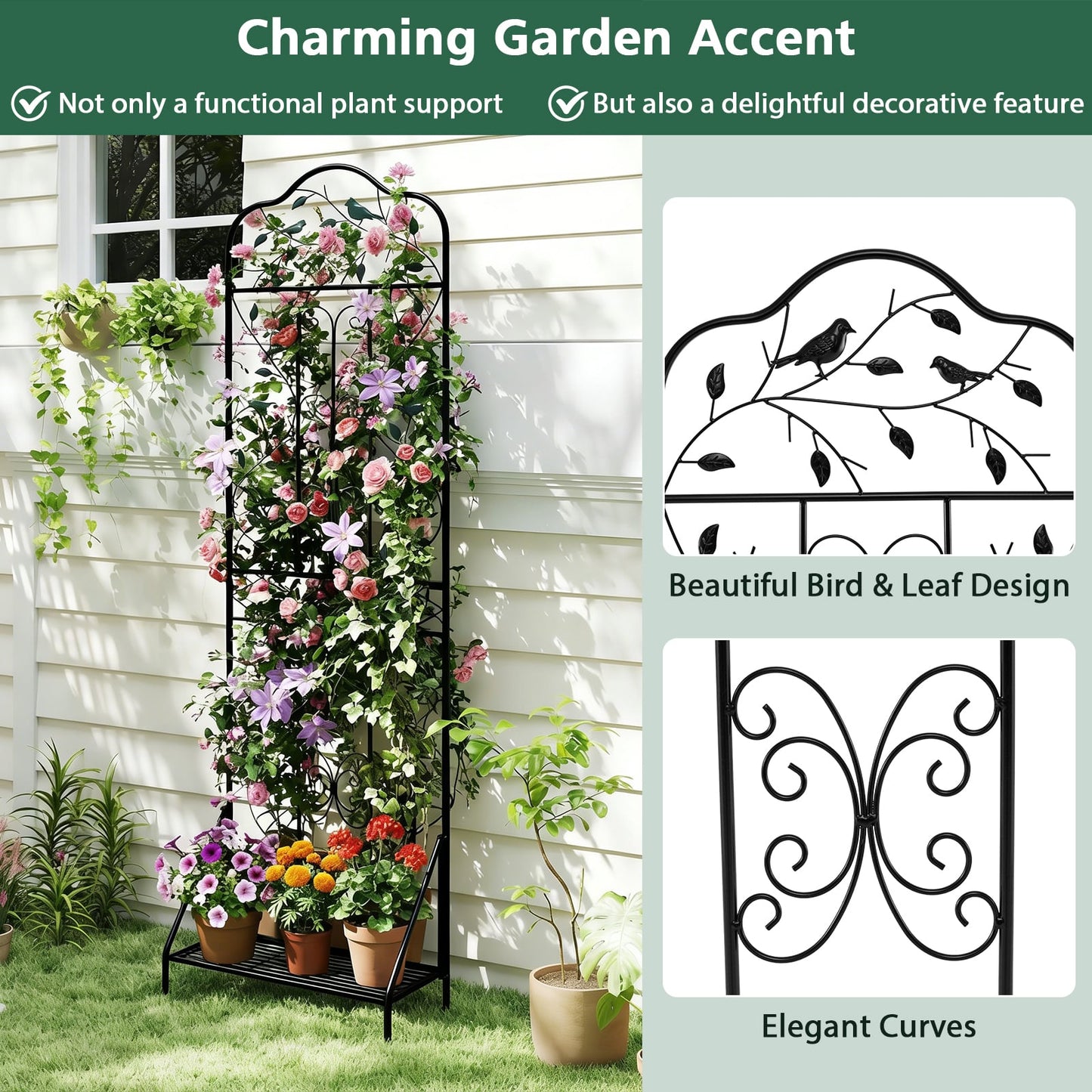 Garden Trellis with Foldable Shelf and Anti-Tipping Device-Black-2 Pack