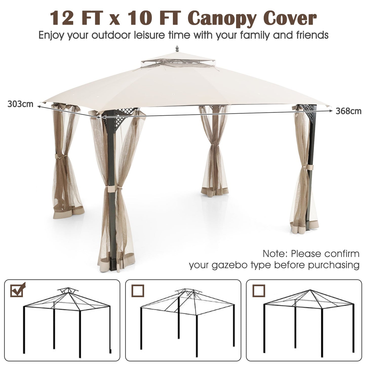 368 x 303CM Gazebo Replacement Top with Air Vent and Drainage Holes-Beige