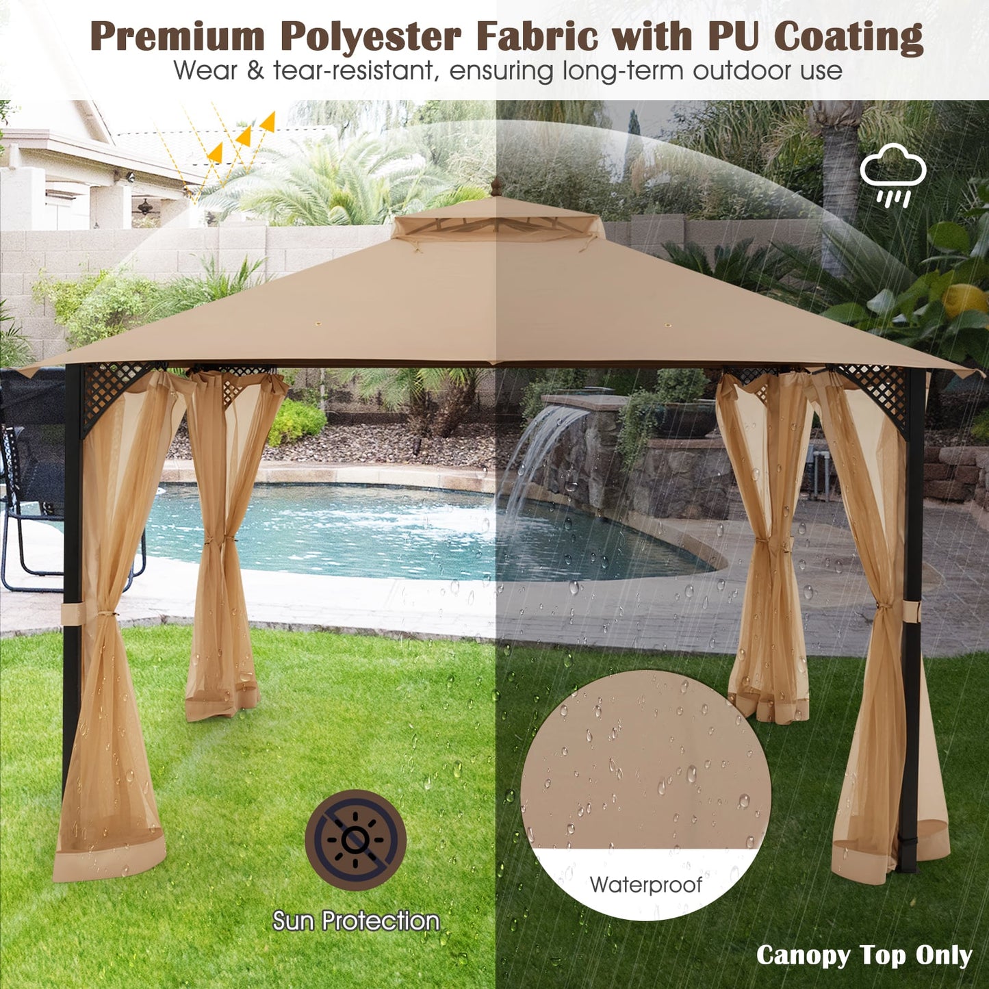 368 x 303CM Gazebo Replacement Top with Air Vent and Drainage Holes-Brown