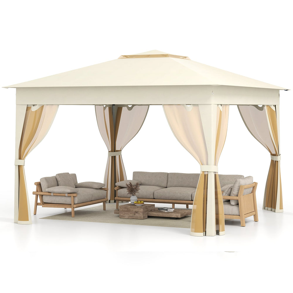 338 x 338 CM Pop Up Gazebo with Mesh Netting and Double Roof-Beige