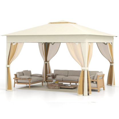 338 x 338 CM Pop Up Gazebo with Mesh Netting and Double Roof-Beige