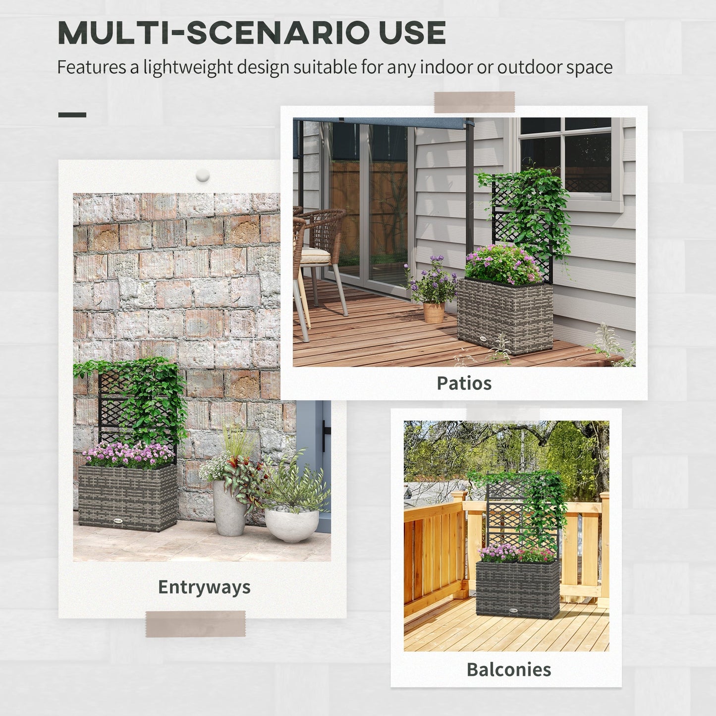 Outsunny 22 L Rattan Planter with Trellis, Freestanding Raised Beds for Garden with Two Plant Boxes, Outdoor Planter for Climbing Plants, Flowers, 57 x 30 x 107 cm, Mixed Grey