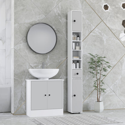 kleankin 180cm Slim Bathroom Cabinet, with Drawer, Shelves and Cupboards - Light Grey
