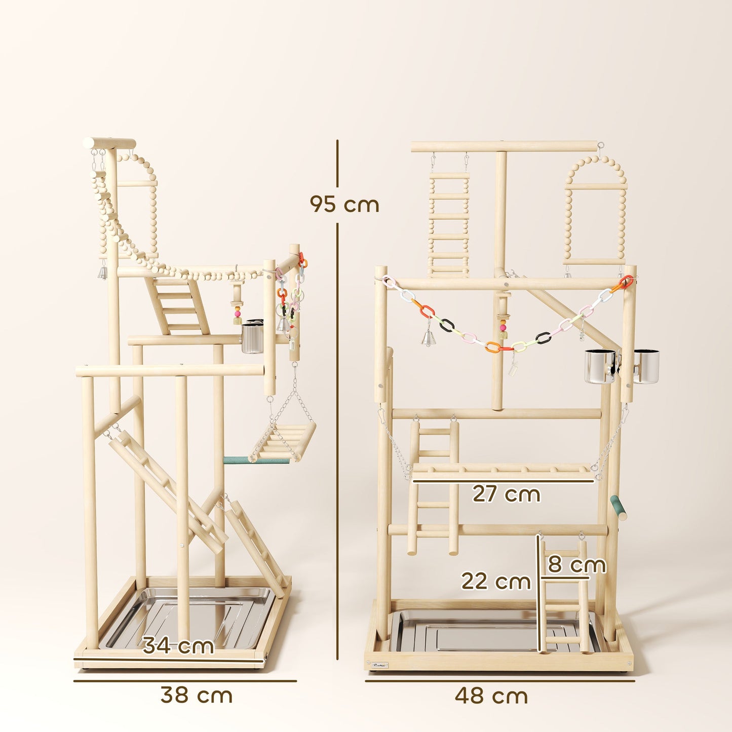 PawHut 95 cm Wooden Bird Playground with Ladders, Chain Toy, Stainless Steel Cups and Tray, Bird Cage Accessories, Natural