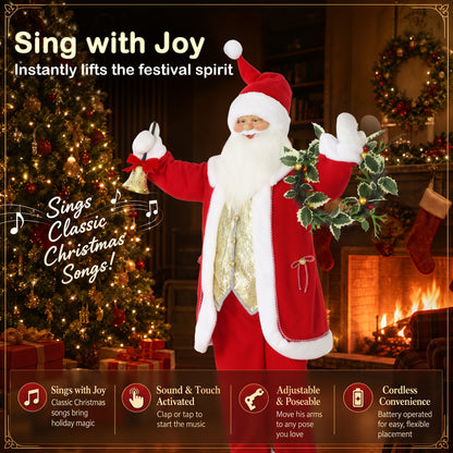 HOMCOM 5ft Life Size Singing Santa Claus, Standing Christmas Animated Santa Figure with Bell and Wreath, Sound/Touch Activated